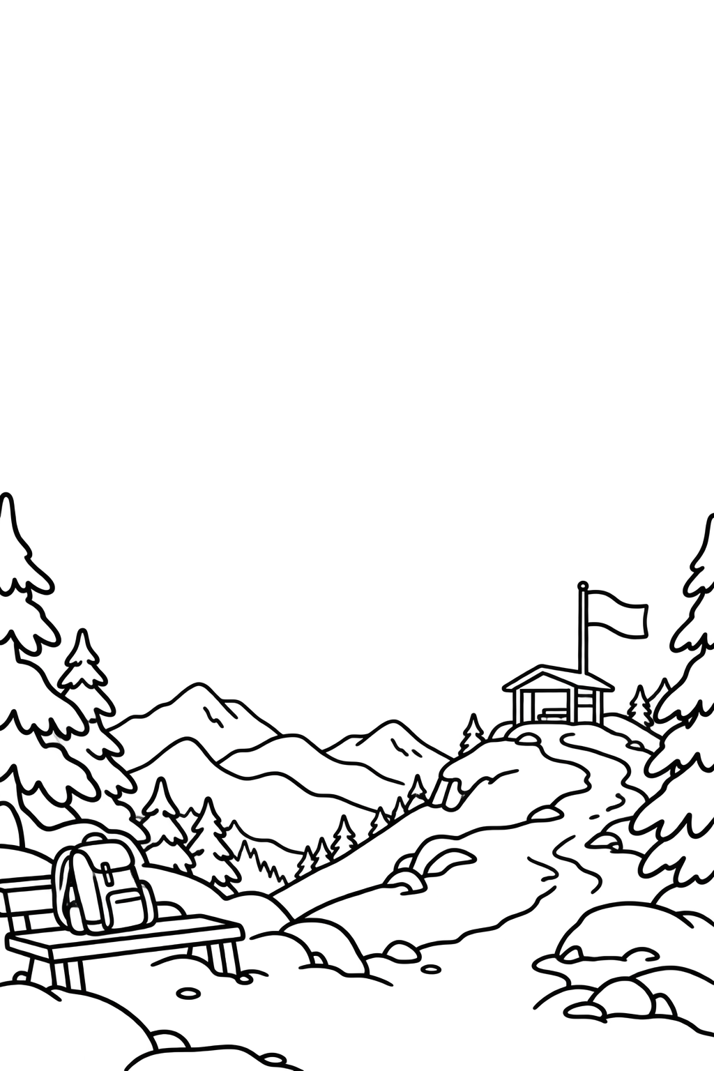 An outline drawing of mountain peaks, pines and a summit shelter