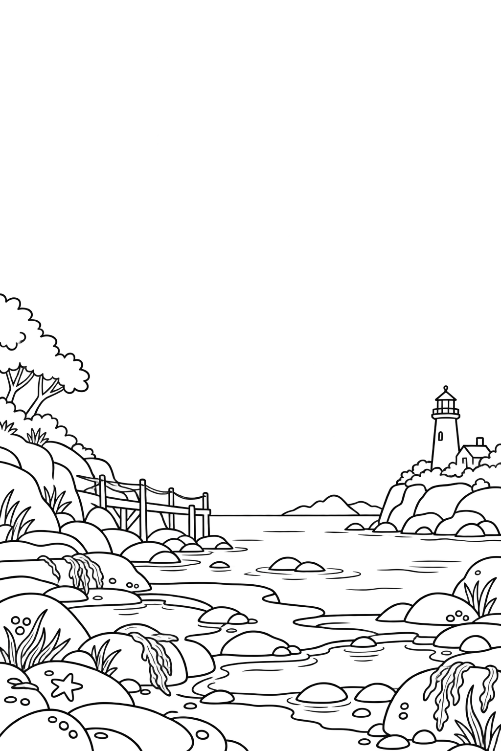 A line drawing of tide pools, a boardwalk and a distant lighthouse